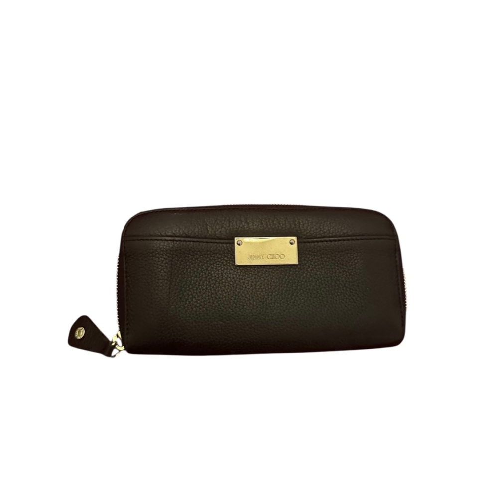 Jimmy Choo Wallet Black Pebbled Leather & Gold Zip Wallet